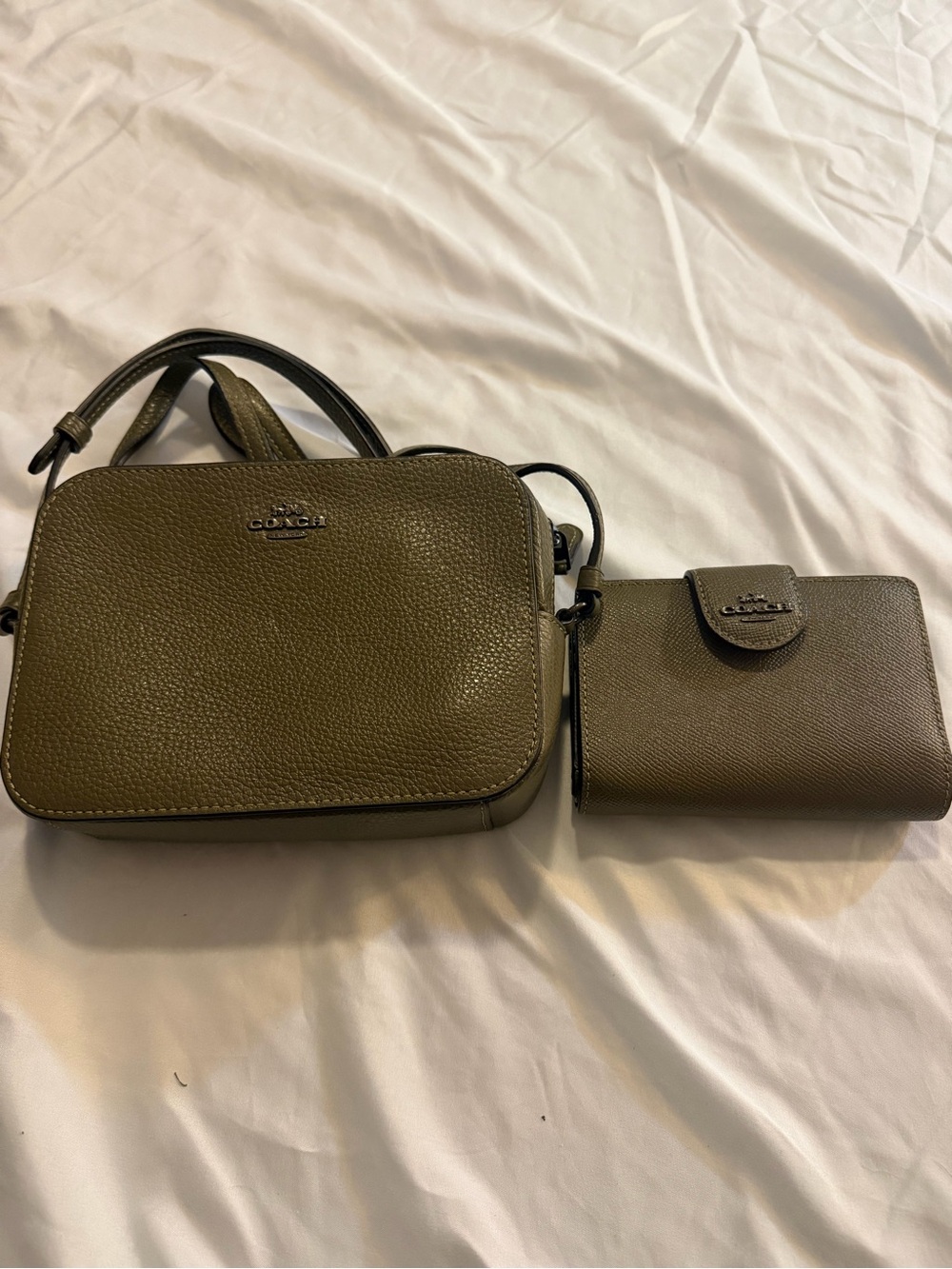 Coach Olive Green Leather Crossbody with Matching Wallet Set